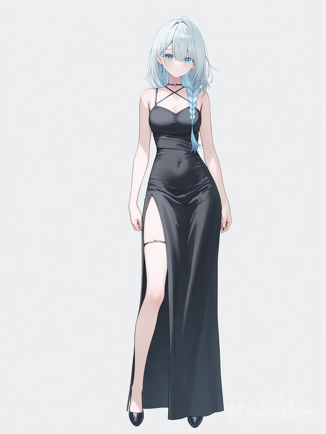 [soft-pastel-style] 1girl, demon, teenager, curvy, slim, white_hair, long_hair, braids, blue_eyes, evening_dress, black_dress, single character, full body, looking at viewer, anime style, simple background, white background