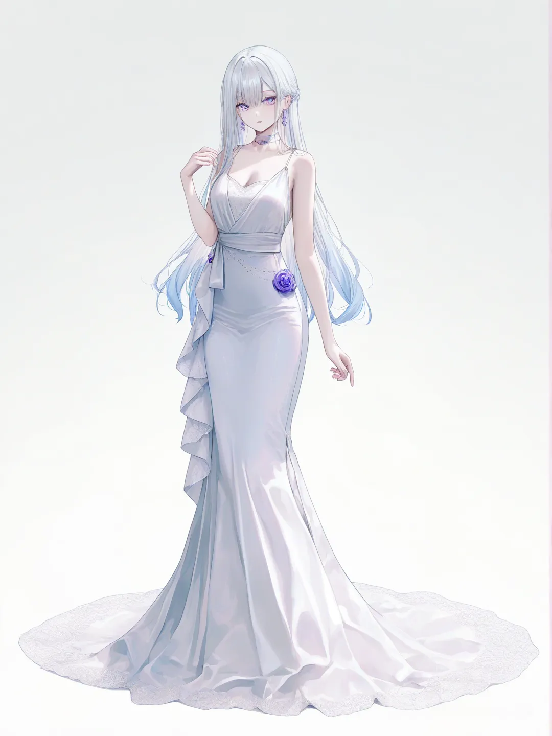 [soft-pastel-style] 1girl, genshin_impact, demon, teenager, curvy, purple_eyes, fair_skin, evening_dress, lace, choker, diamonds, long_hair, white_hair, semi_realistic, portrait, solo, full_body, looking_at_viewer, simple_background, white_background, single character, full body, looking at viewer, simple background, white background