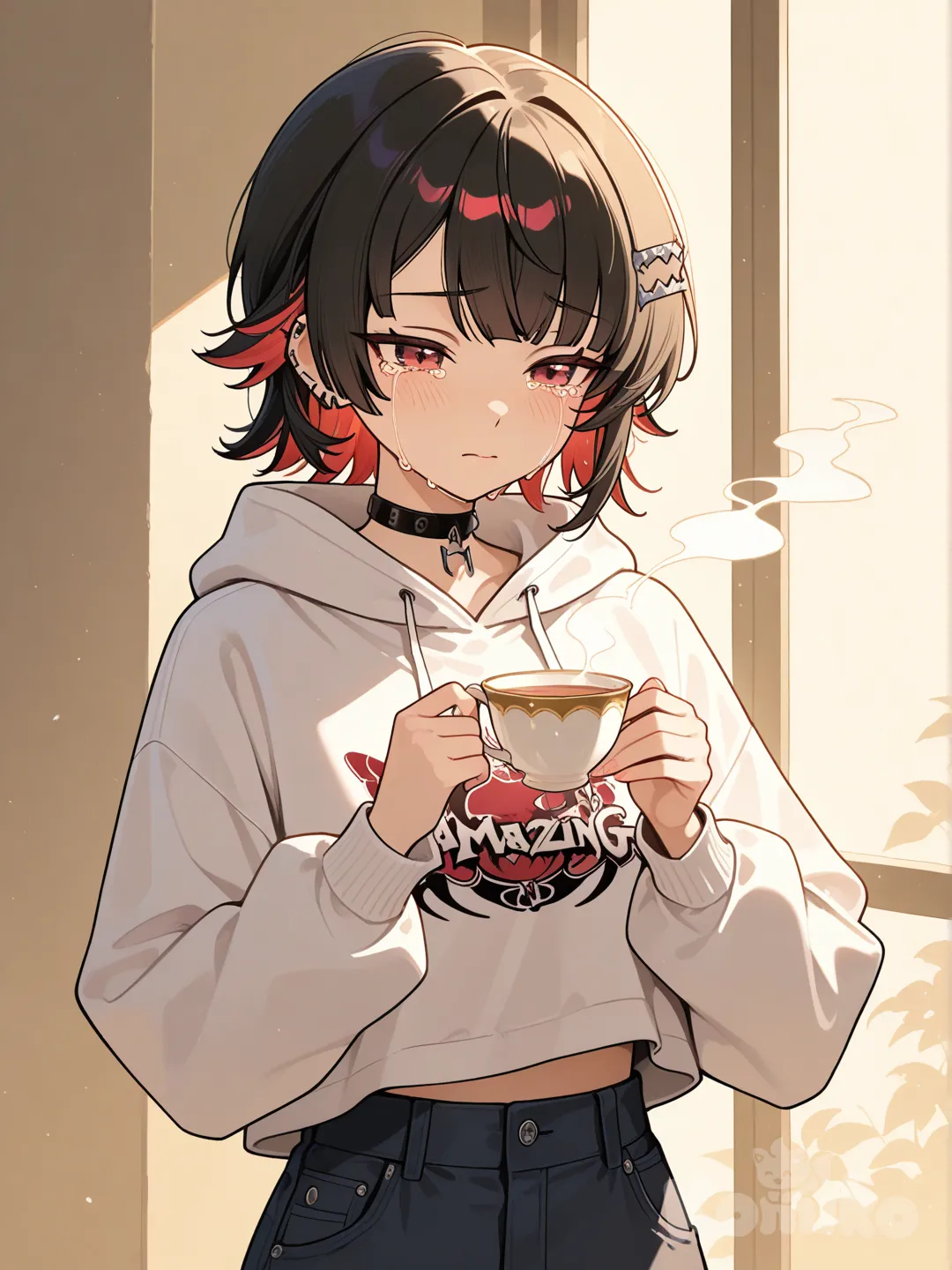 ellen joe, llorando con ropa casual mientras bebe un te