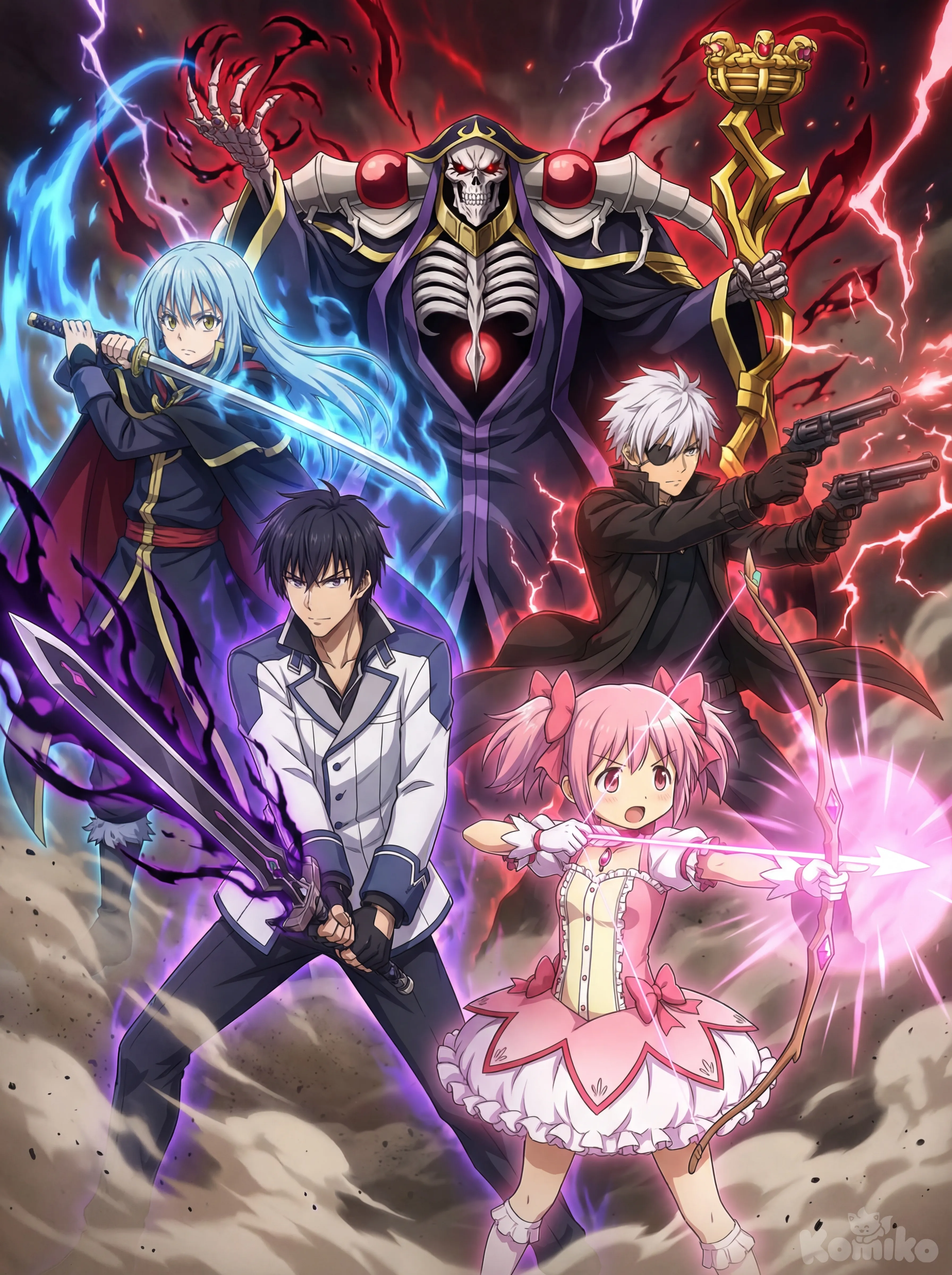 Based on the anime's art style, he created five characters: the first recreates Rimuru Tempest in his Demon King robes; the second recreates Anos Voldigoad in his academy uniform; the third recreates Ainz Ooal Gown in his Sorcerer King robes with his red eyes; the fourth recreates Hajime Nagumo (Arifureta) in his classic outfit with his eyepatch; and the fifth recreates Madoka Kaname in her classic outfit. All five are unleashing their magical auras and wielding their signature weapons. An epic and dynamic scene.