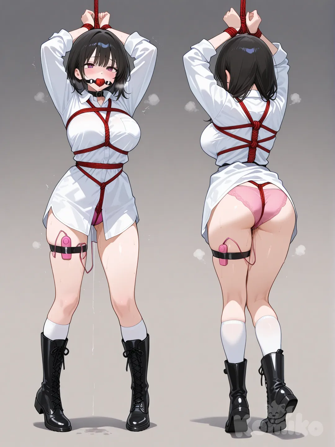 suspension, crotch rope, socks, bondage, vibrator under clothes, ball gag, large breasts, shibari, arm up, pussy juice, rope, white shirt, tiptoes, white socks, standing, kneehighs, oversized shirt, pink panties, long shirt, collared shirt, back, multiple views, female orgasm, kneehighs, leather boots