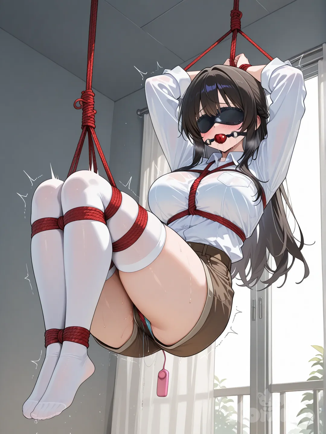 hanging in air, hanging, suspension, crotch rope, shibari over clothes, vibrator under clothes, oversized shirt, collared shirt, over-kneehighs, brown shorts, ball gag, large breasts, orgasm, white socks, denim brown shorts, eye mask, pussy juice stain, arms up, bound ankles, crossed legs, legs together, hogtie