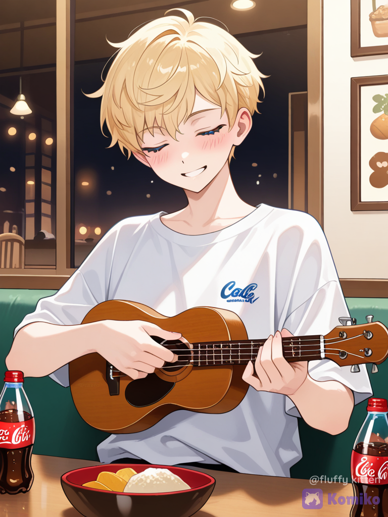 @sammy-aOQY, 1boy, pixie cut, coca-cola, restaurant, Ukulele