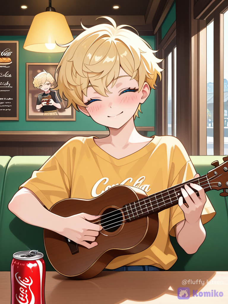 1boy, solo, pixie cut, coca-cola, restaurant, ukulele, cute, fluffy, blond hair, blue eyes, casual wear, playing ukulele, holding instrument, smile, closed eyes, blush, .(@sammy-aOQY)