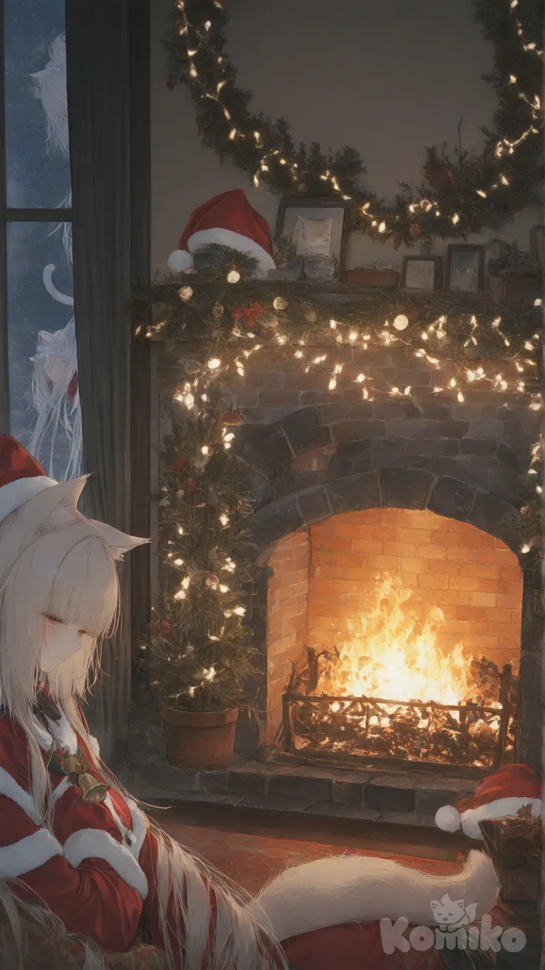 chocola \(nekopara\), vanilla \(nekopara\), nekopara,Christmas hat, headshot, closeup, ambient light, cinematic lighting, night, snowy, home, fireplace, [sweet-pastel-style], half-closed eyes, smile, dark background, christmas lights