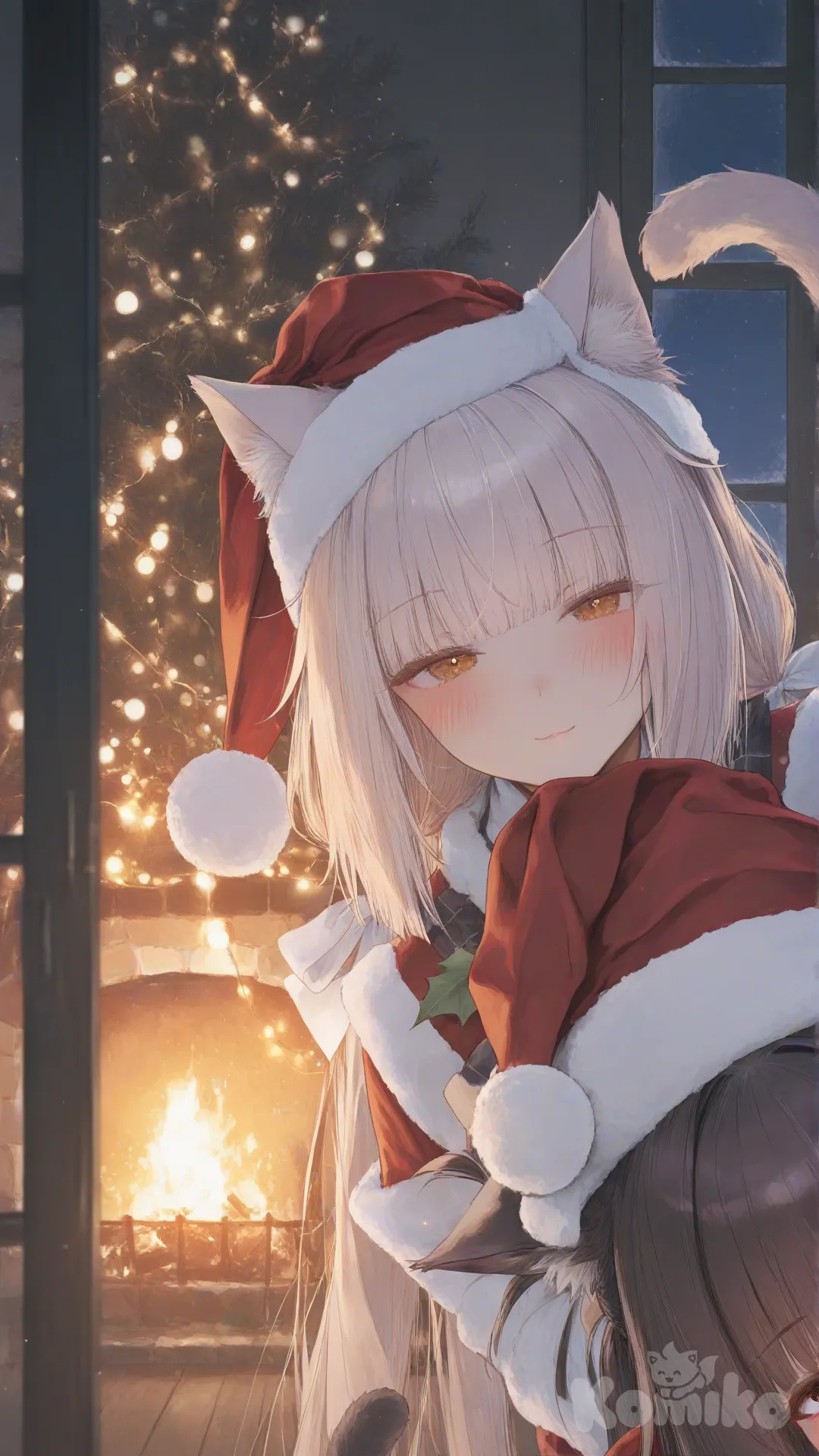 chocola \(nekopara\), vanilla \(nekopara\), nekopara,Christmas hat, headshot, closeup, ambient light, cinematic lighting, night, snowy, home, fireplace, [sweet-pastel-style], half-closed eyes, smile, dark background, christmas lights, in middle