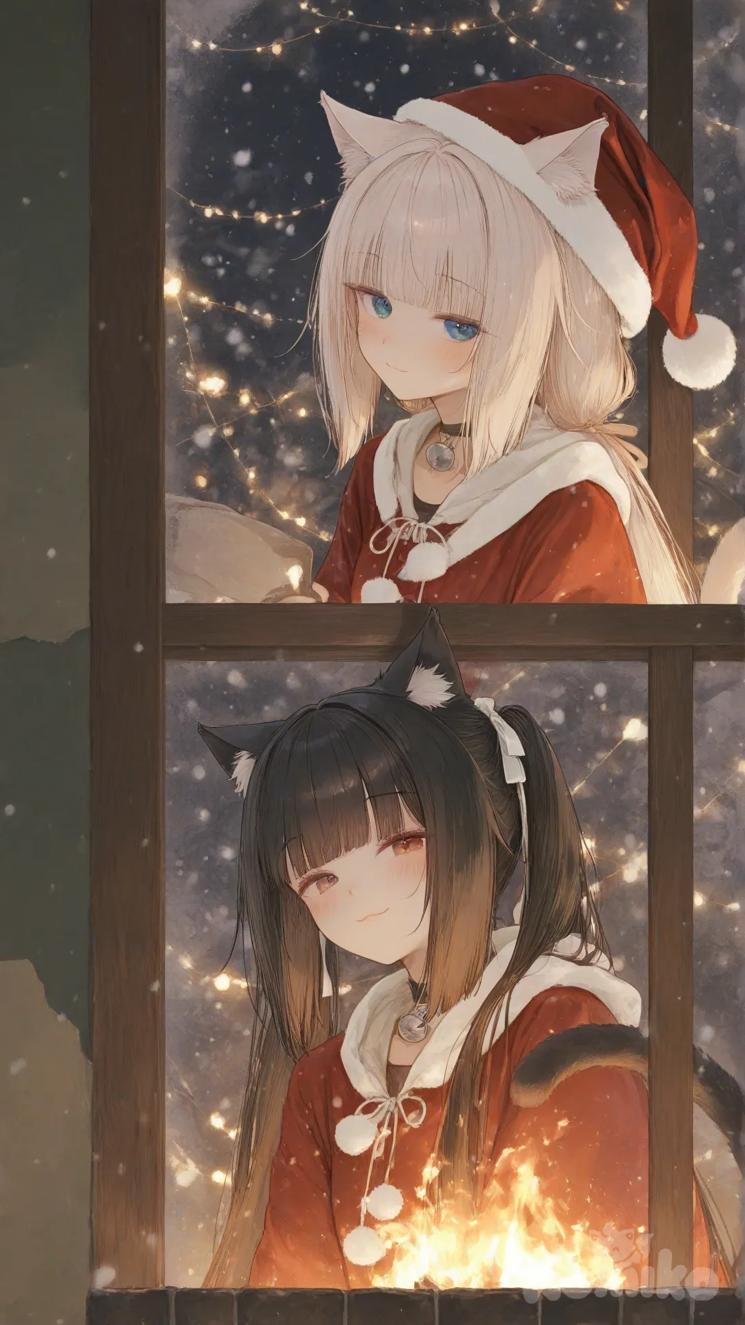 chocola \(nekopara\), vanilla \(nekopara\), nekopara,2 girls, Christmas hat, headshot, closeup, ambient light, cinematic lighting, night, snowy, home, fireplace, [sweet-pastel-style], half-closed eyes, smile, dark background, christmas lights, in middle, looking at viewer