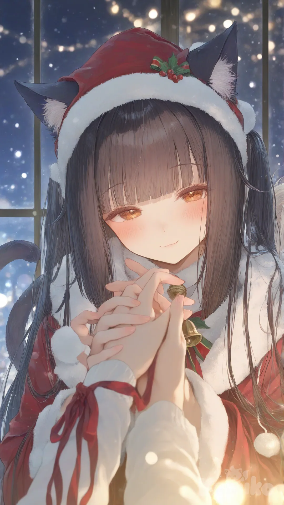 chocola \(nekopara\), vanilla \(nekopara\), nekopara,2 girls, Christmas hat, headshot, closeup, ambient light, cinematic lighting, night, snowy, home, [sweet-pastel-style], half-closed eyes, smile, dark background, christmas lights, in middle, looking at viewer, holding hands