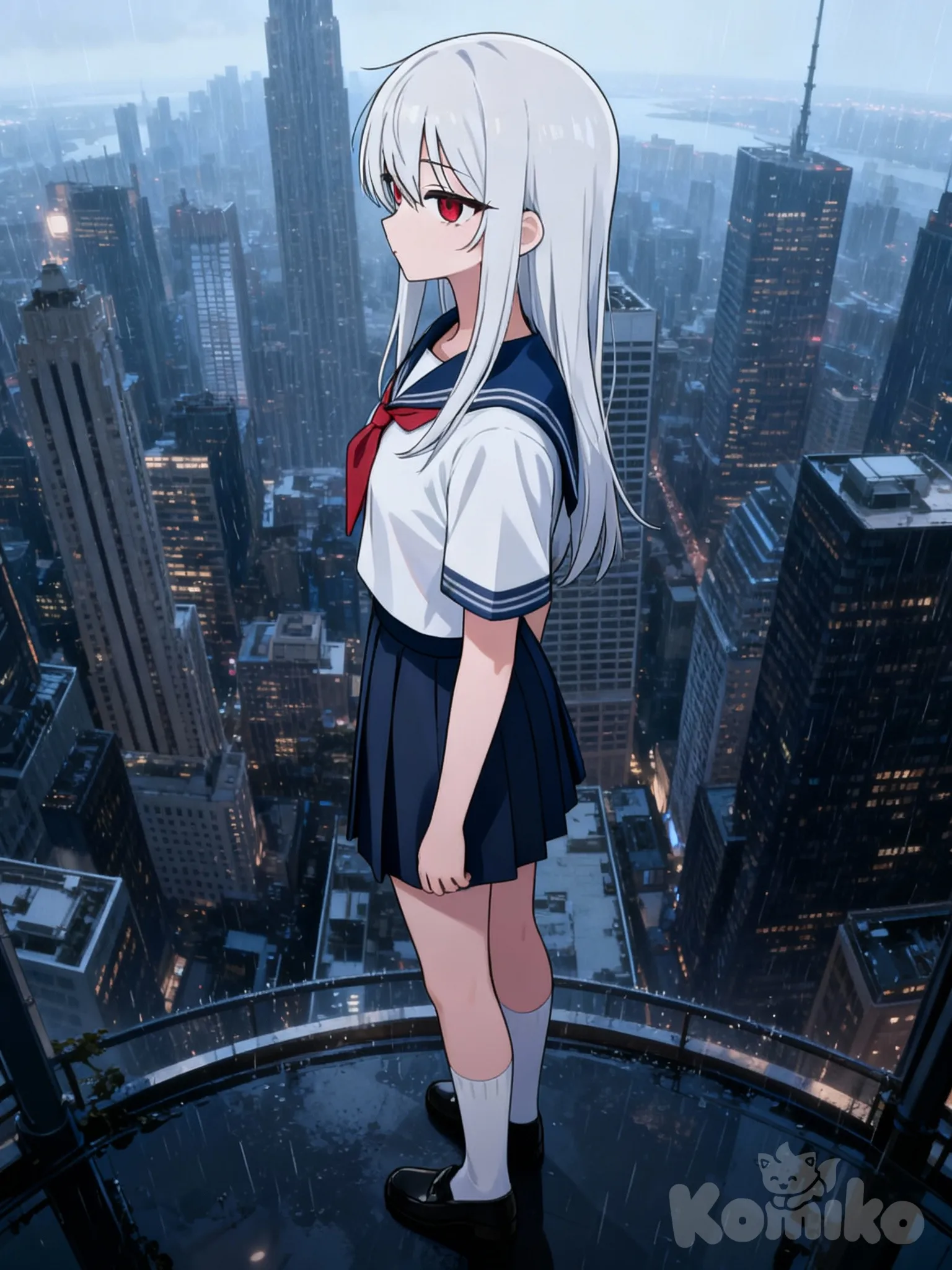 side profile photo, looking away, panoramic lens, ambient light, skyscraper, cityscape, rainy, from above
