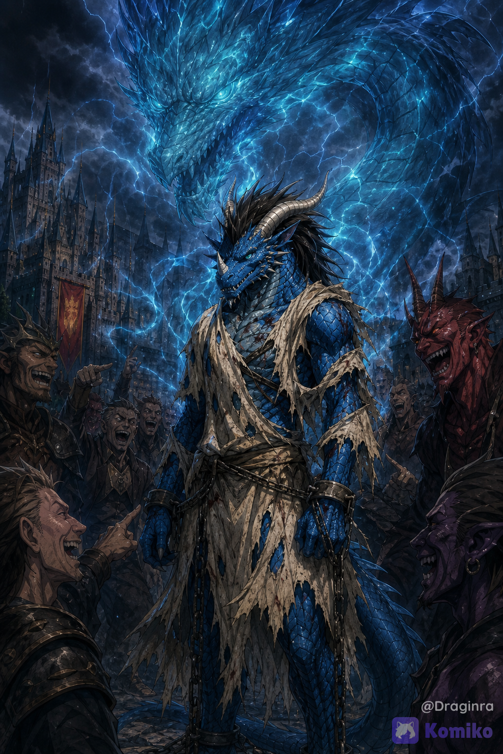Redraw the exact image, the dragon is wearing torn slave clothes, being mocked and laughed at by surrounding people and demons, he has a tired yet serious look on his face, surrounding him is the powerful aura of a mighty godlike dragon, his intelligent blue-green eyes glow slightly, in Japanese anime style, extremely slightly dark