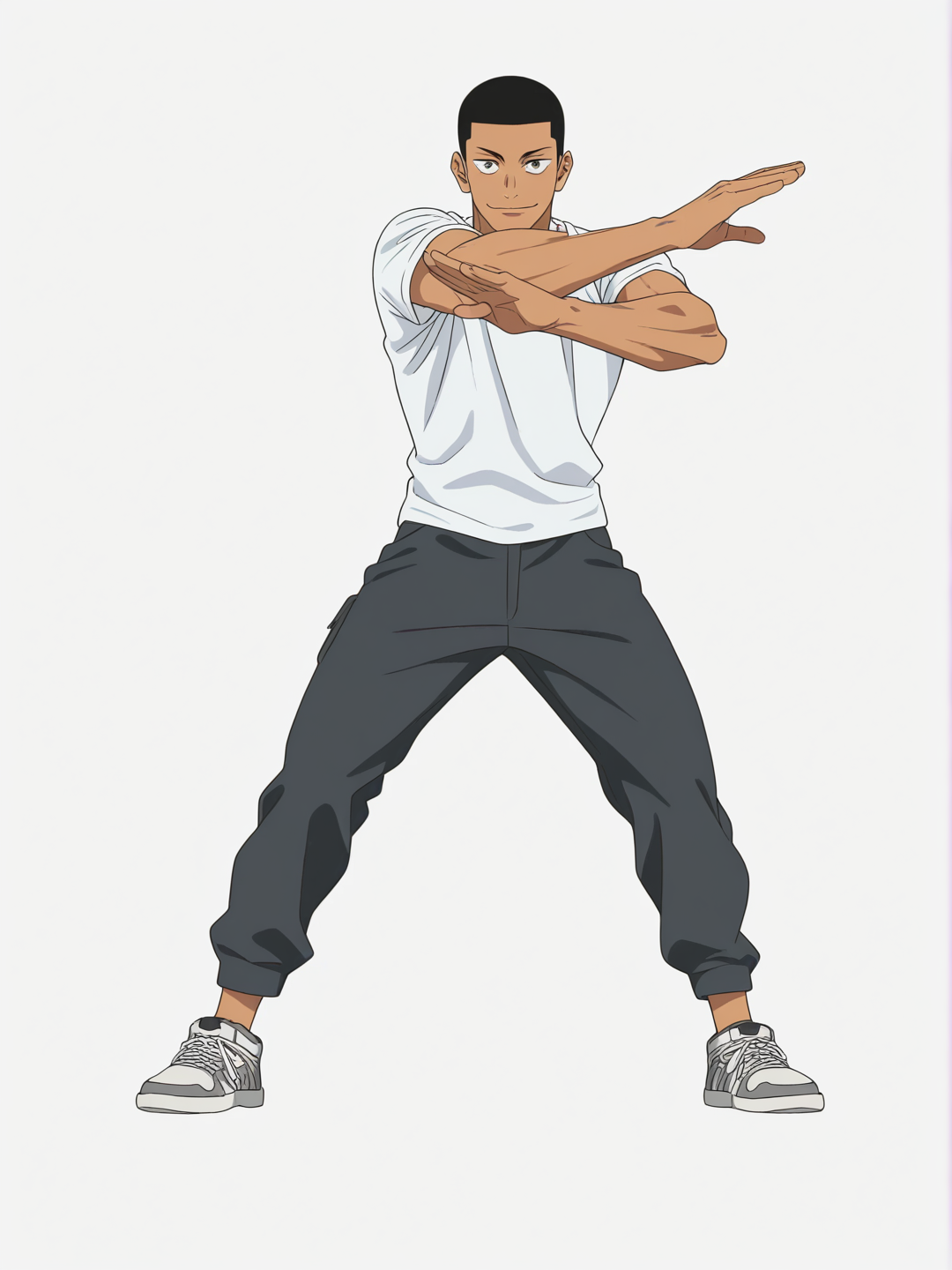 [bright-anime-style] 1boy, wang_peng, buzz_cut, black_hair, brown_eyes, tanned, teenager, athletic, muscular, smile, energetic, dynamic_pose, t-shirt, cargo_pants, solo, jujutsu_kaisen style, single character, full body, looking at viewer, anime style, simple background, white background