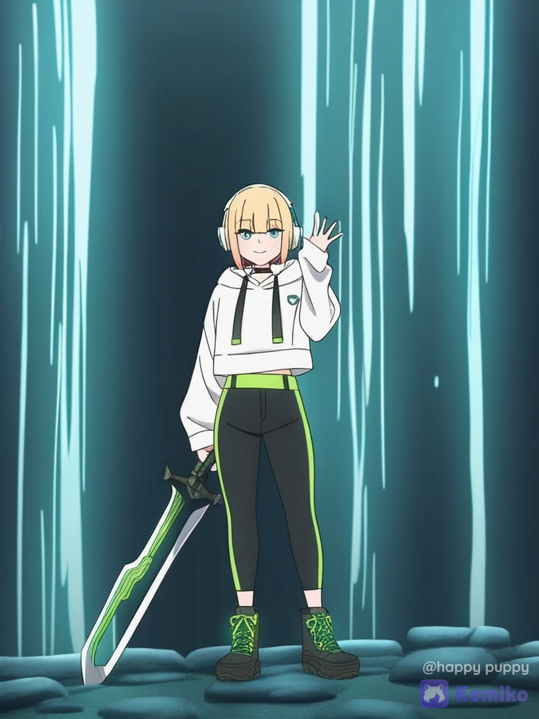 [bright-anime-style], 1girl, waving, crop hoodie, wide-leg pants, streetwear outfit, leather, headphones, sword, earrings, choker, bob cut, blonde hair, tousled hair, combat boots, neon green, upper body, rim light, waterfall