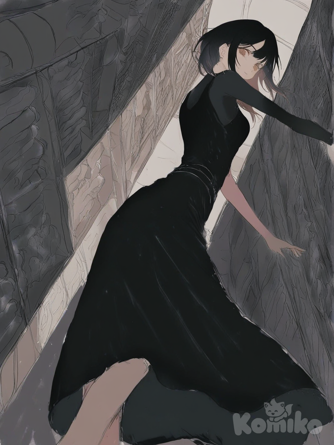 girl, looking back, dancing, from below, library, little black dress, evening dress, [faded-sketchy-lines-style]