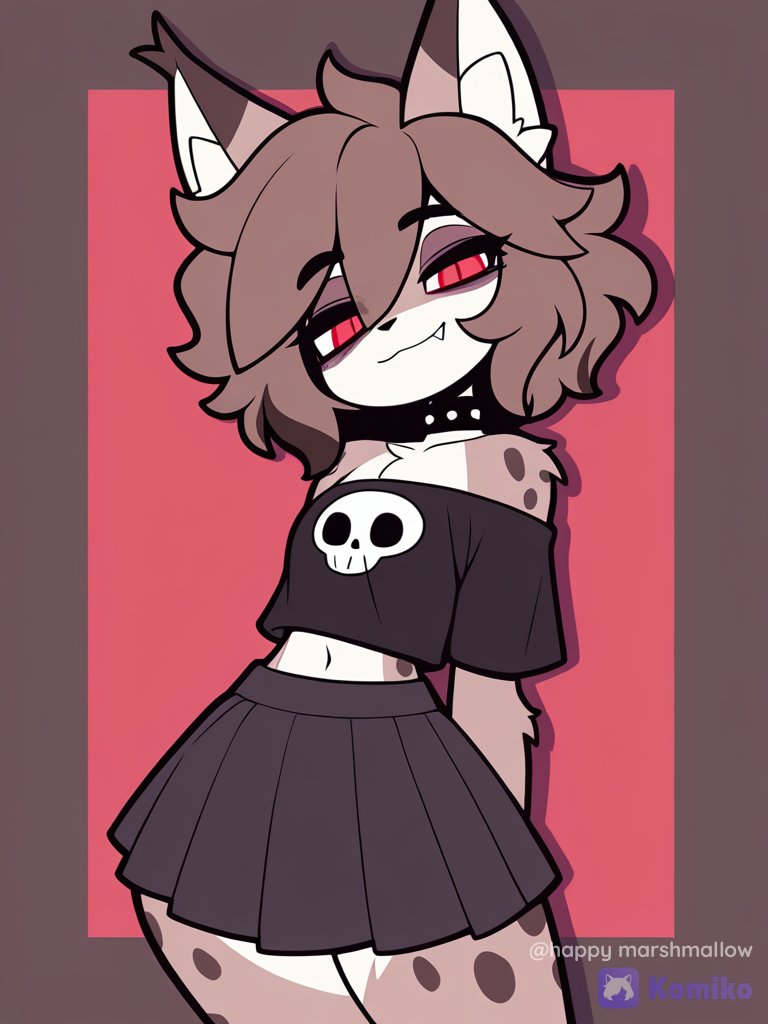 1boy, solo, furry, lynx boy, lynx ears, pointy ears, two-tone fur, (brown fur, white fur), brown head, dark-brown spots, dark-brown hair, short hair, fluffy hair, hair between eyes, streaked hair, red eyes, black pupils, slit pupils, fang, spiked teeth, navel, exposed navel, flat chest, thick thighs, wide chest, left-handed, (black t-shirt, cropped t-shirt, off-shoulder t-shirt, skull print, black skirt, pleated skirt, medium skirt, lowleg skirt), black collar, light smile, half-closed eyes, looking at viewer, [pop-toon-style], facing viewer, v-fingers, no lineart