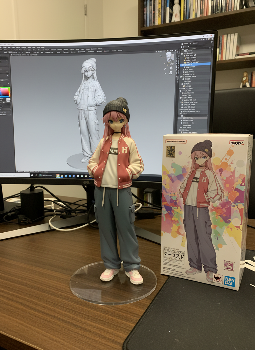 @madison-clark-ng0p, jumping from rooftop, full body, gradient background, cityscape, skyscraper, ocean, pier, fog, stars, mist, beach, moon, outdoors, cosmic background, starry sky, ruins, ambient light, twilight, moonlight, dusk, shadows, sparkle, night, looking at viewer, t-shirt, varsity jacket, cargo pants, wide-leg pants, choker, earrings, beanie, pink hair, long hair, straight bangs, twin braids