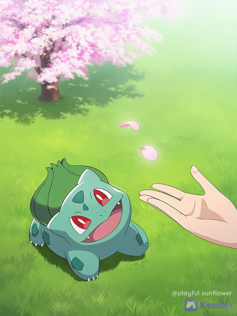 A bulbasaur smiling, lying on The grass, The bulbasaur is calm, Backround with a cherry blossom tree Next to bulbasaur, With a slight breeze carrying some petals to the right, All in pop anime style, day, anime color