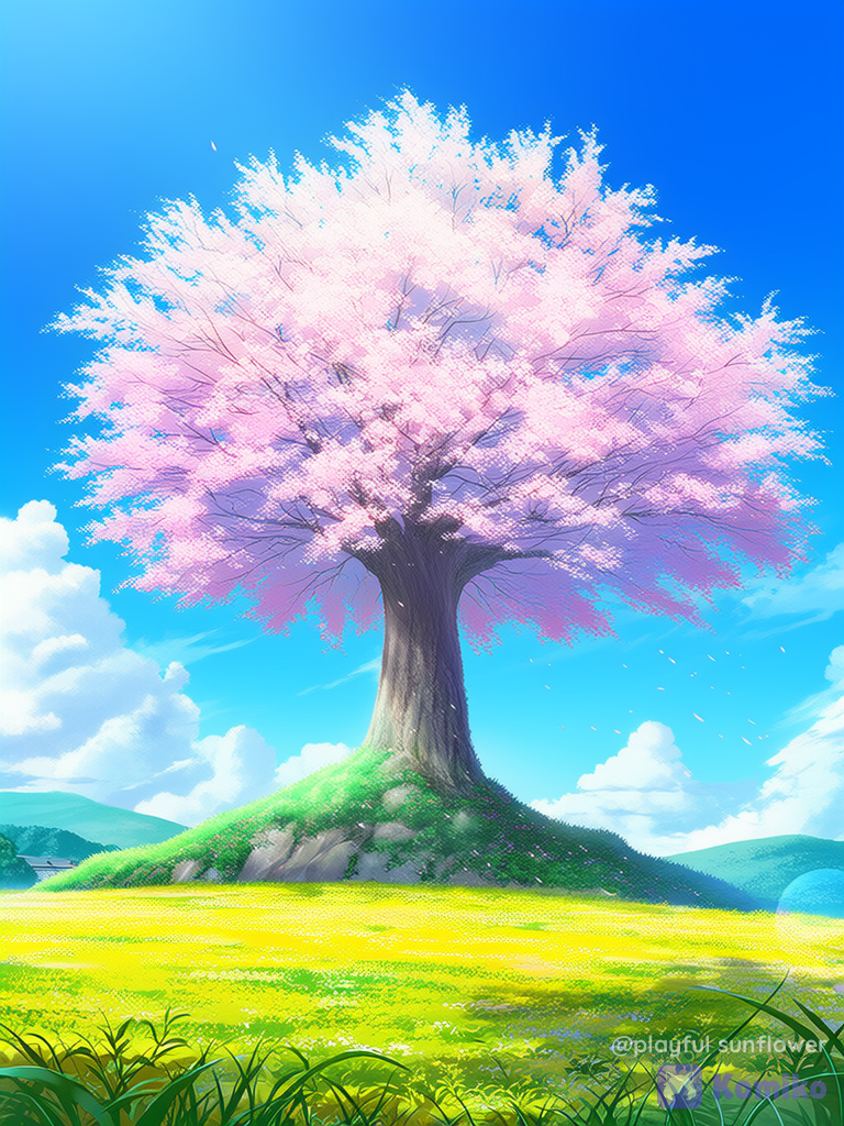 anime coloring, A bulbasaur smiling, lying on The grass, The bulbasaur is calm, Backround with a cherry blossom tree Next to bulbasaur, With a slight breeze carrying some petals to the right, All in pop anime style, day