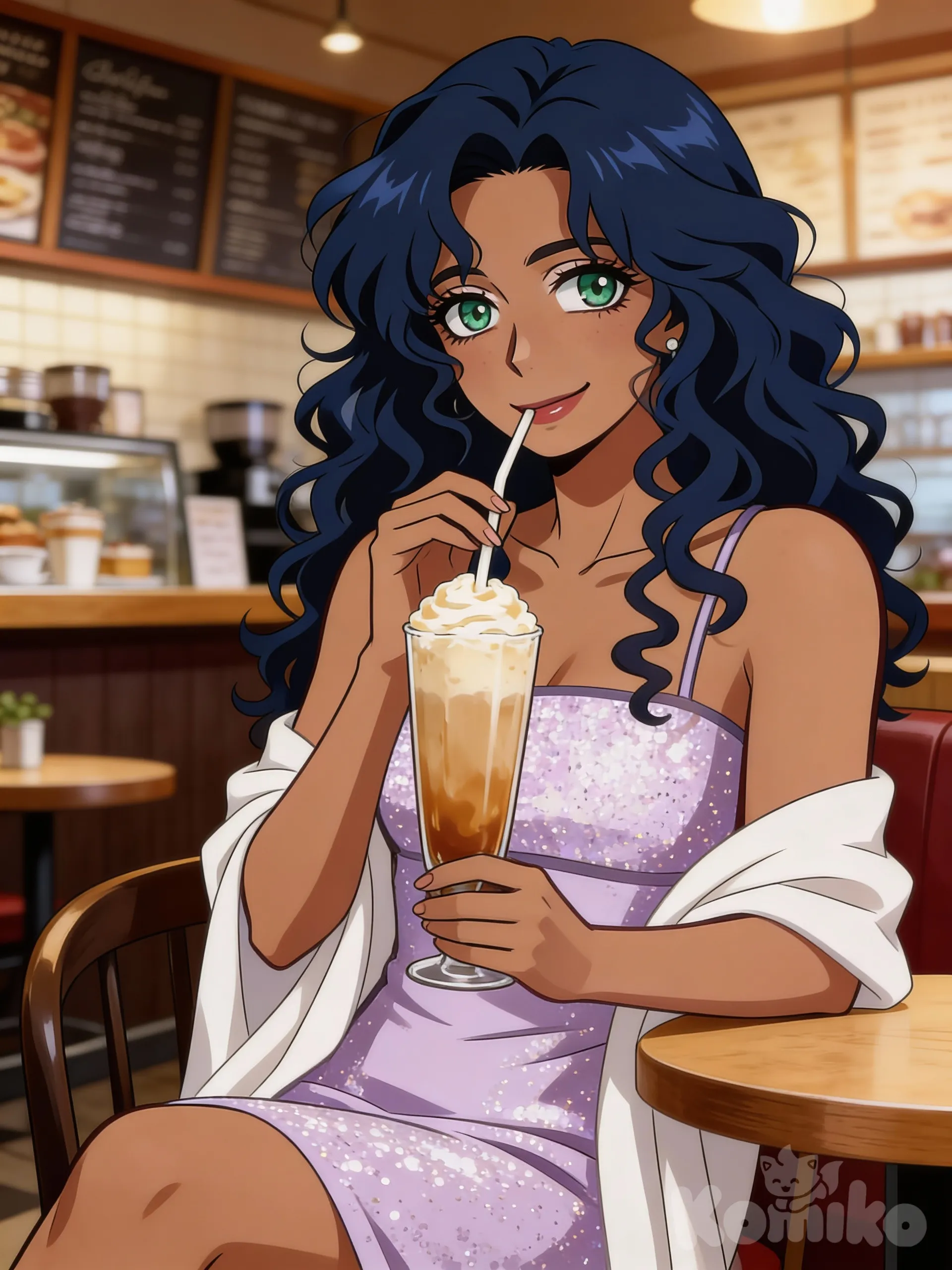 Create a Studio Bones-style image of a tall, beautiful, strong, and feminine 35-year-old woman with caramel skin, emerald green eyes, and long, curly midnight blue hair from My Hero Academia. Draw her in a coffee shop drinking a caramel milkshake and smiling gently. (My Hero Academia anime OC)