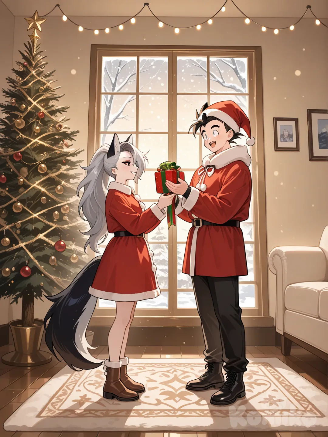 Gohan y Loona adornando el árbol de navidad.