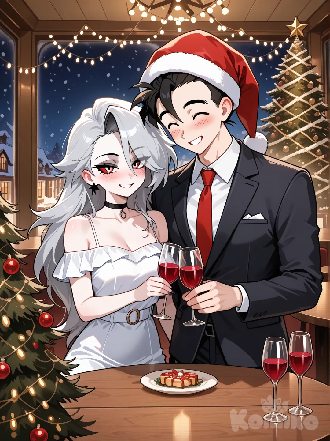 Gohan y loona (helluva boss), en un cita navideña.