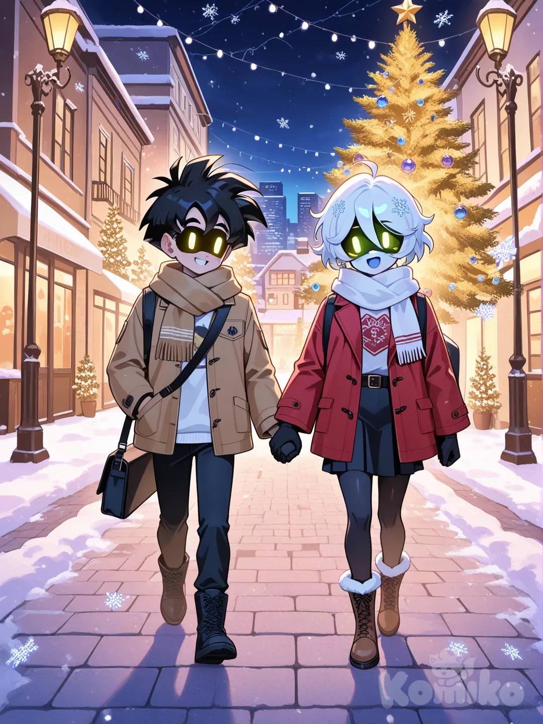 Gohan (Dragon Ball Z) y Uzi (Murder Drones), en un paseo navideño.