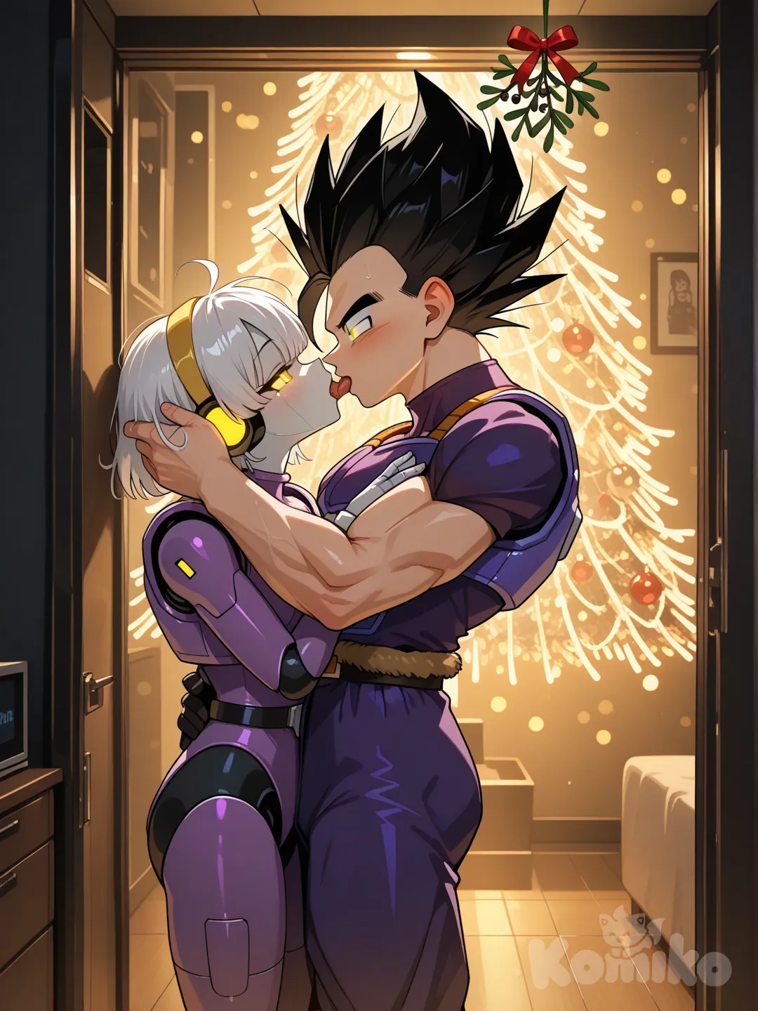 Gohan Besndando a designación serial V (Murder Drones) bajo el muérdago.