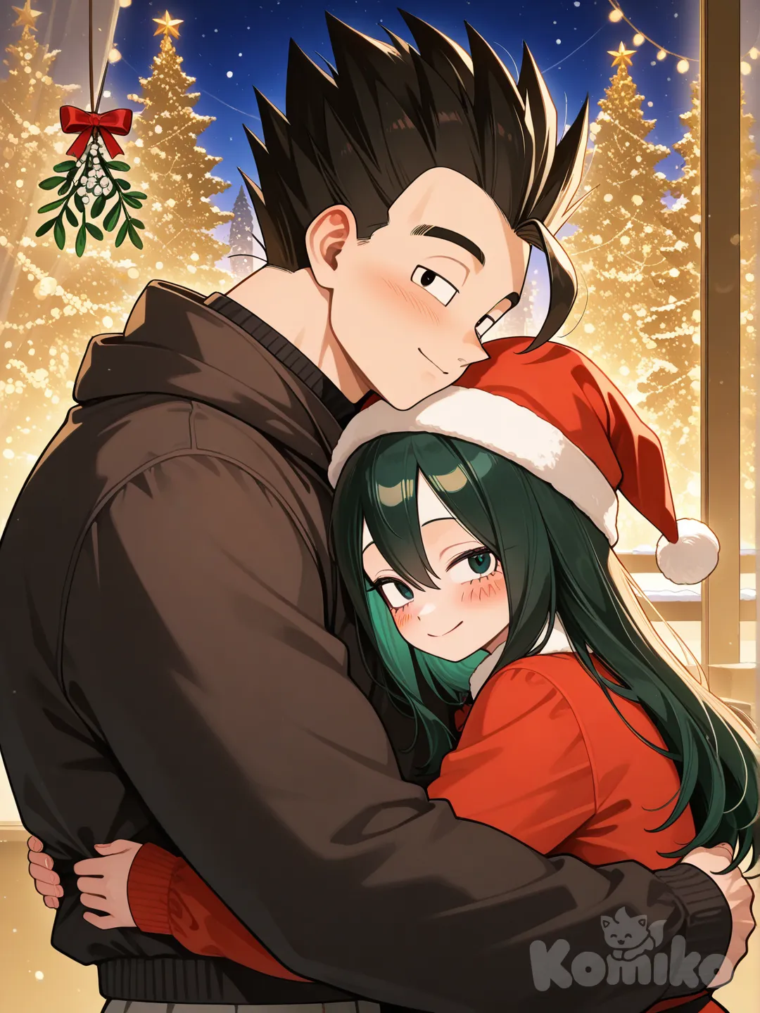 Joven Gohan (Dragon Ball Z) y Tsuyu asui (My Hero Academia), abrazándose en navidad.