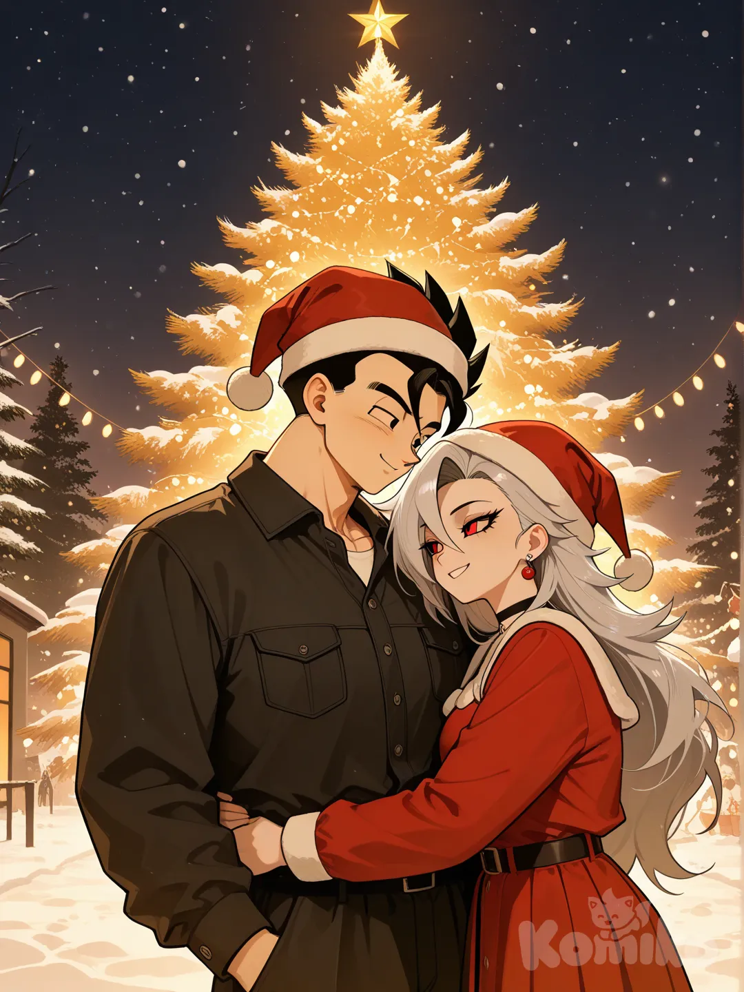son gohan joven (dragon ball Z) y loona forma hellhound (helluva boss) abrazándose en navidad.