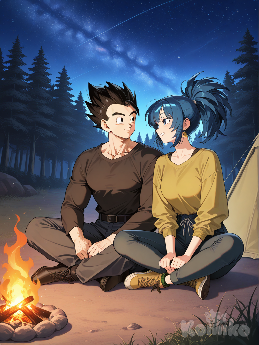 Gohan y Leona conviviendo en el campamento.