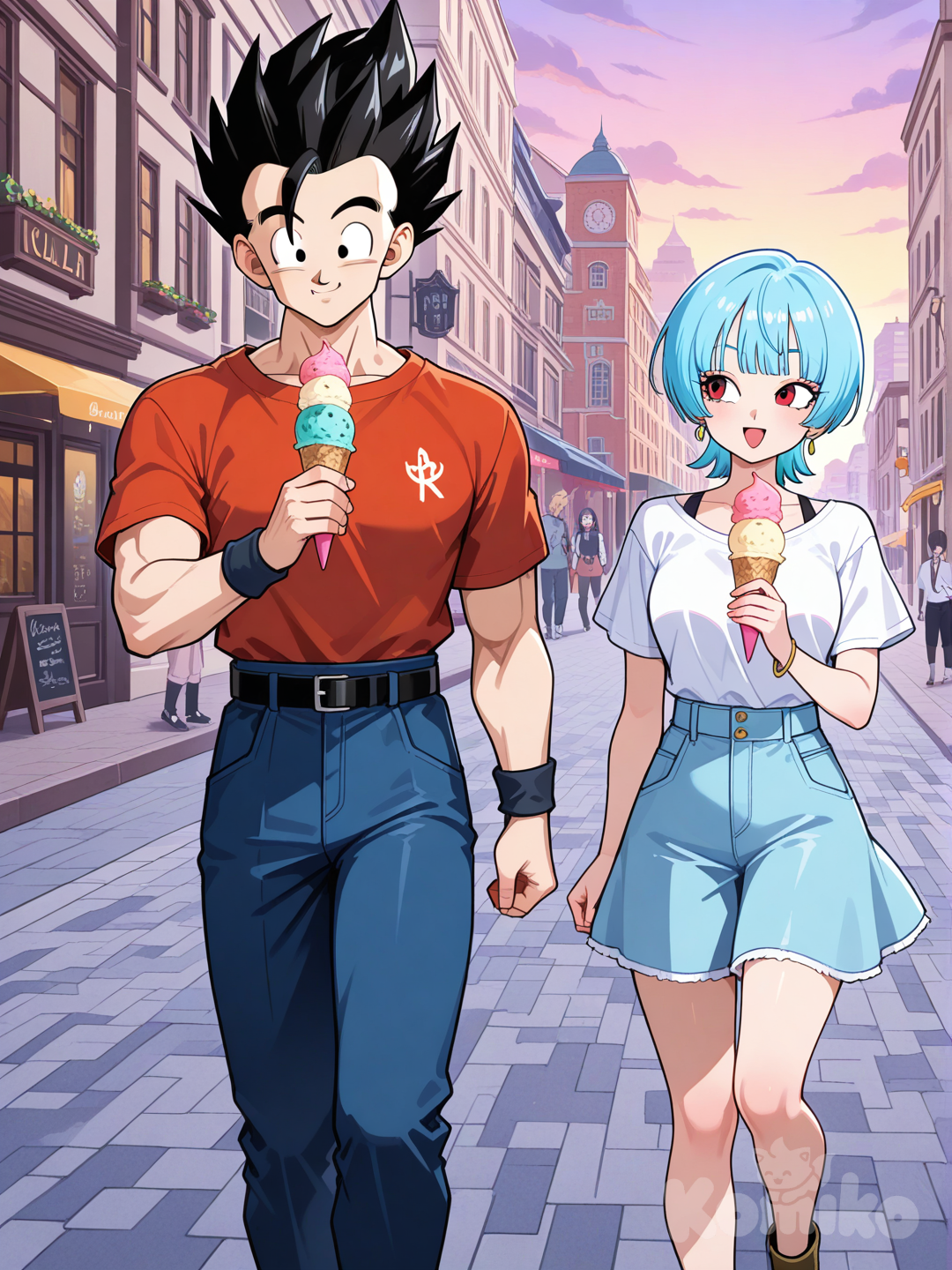Gohan y kula pasean por la ciudad disfrutando su helado por la tarde.