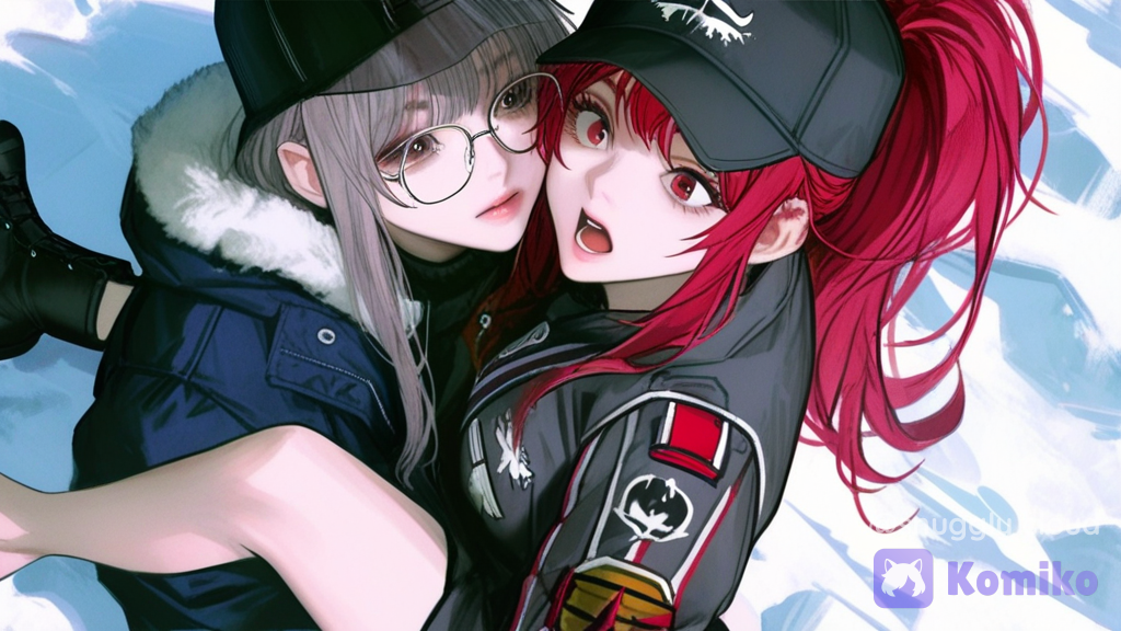 [semi-realistic-portrait-style], shocked, barefoot, high ponytail, silver hair, ice field, 2girls, day, parka, glasses, neon jacket, combat boots, navy blue, baseball cap, sitting on lap, open mouth, red hair, straight bangs, wide shot, sherpa