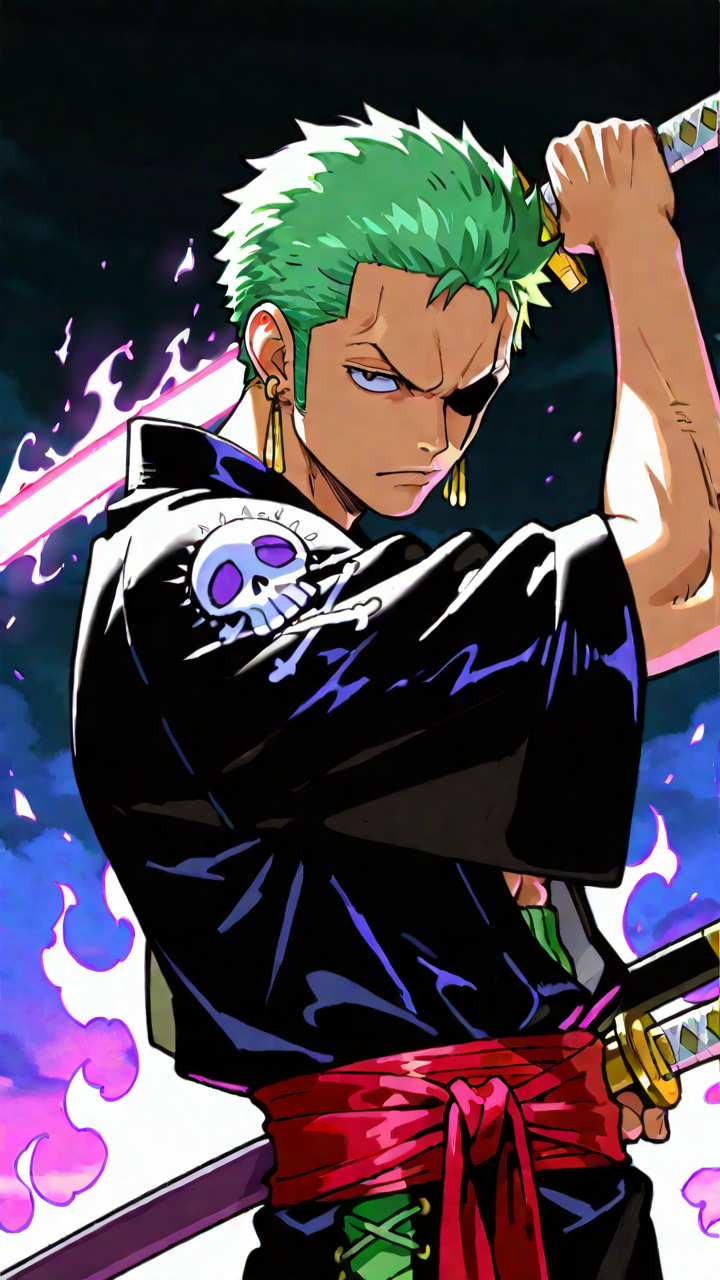 Portrait of Roronoa Zoro from One Piece in modern Japanese anime/manga style, with a serious and imposing pose. Short green hair, golden earrings on his left ear, and a black kimono now enhanced with glowing neon blue and purple details over the skull patterns. A bright red sash tied at his waist. His sword glowing with neon blue and purple energy, reflecting on the blade. Background transformed into a futuristic cyberpunk city with dark skyscrapers, glowing holographic signs, flickering LED panels, and smoke lit by neon lights. Intense, dark, and stylized atmosphere with a high-contrast palette (black, red, purple, blue neon).