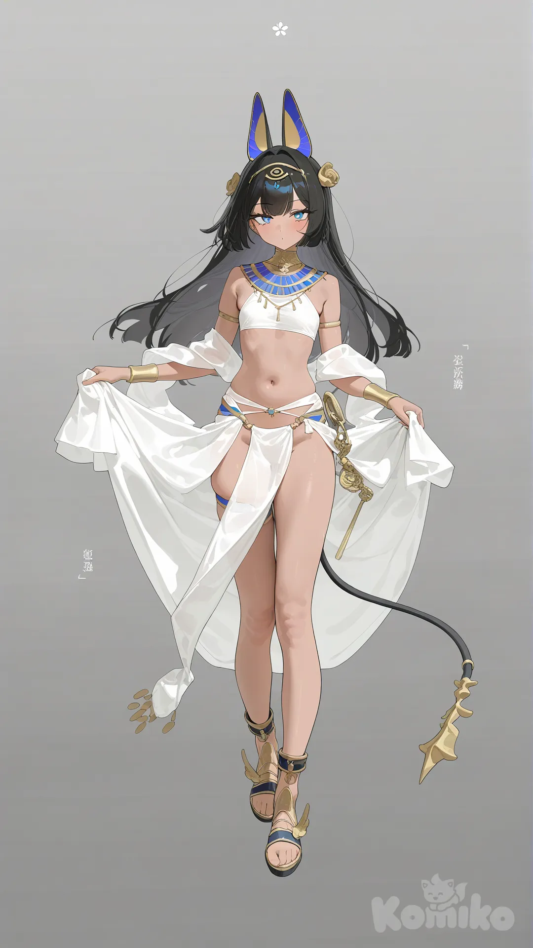 Chica cabello negro, ropa egipcio antiguo, cuerpo completo