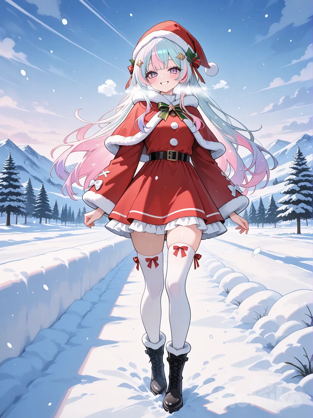 Chica cabello pastel con disfraz de navidad en un entorno con nieve