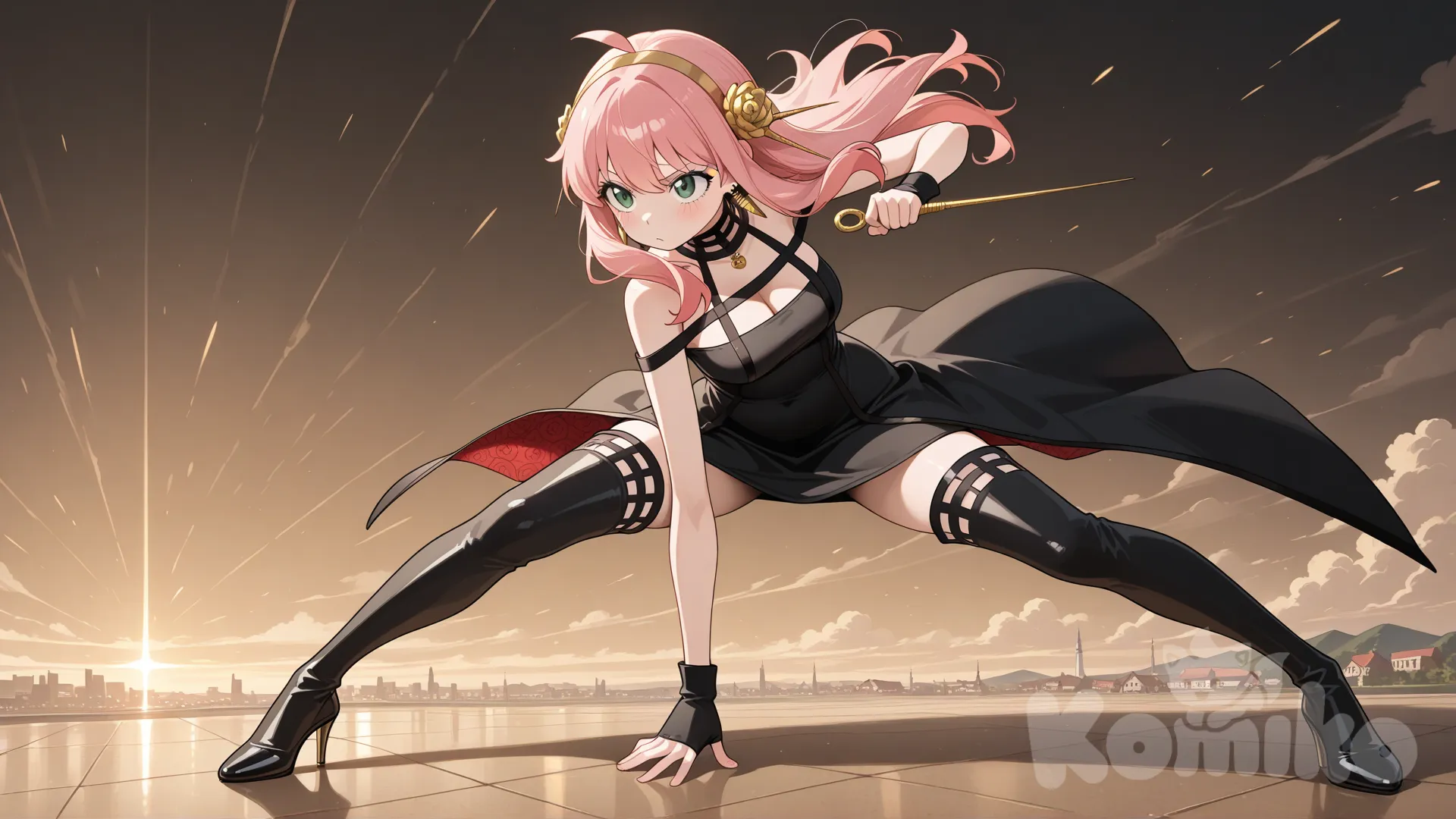 18+, uncensored,
Anya, Spy x Family, Adulta, 18 años de edad, pelo largo, pelo rosa,
disfraz de yor brair, aretes conicos dorados, diadema dorada, adorno para el cabello, joyería, black dress, tiene agujas doradas en sus manos, Agujas doradas,
Viñetas, vista panoramica,
Pose de batalla, piernas abiertas