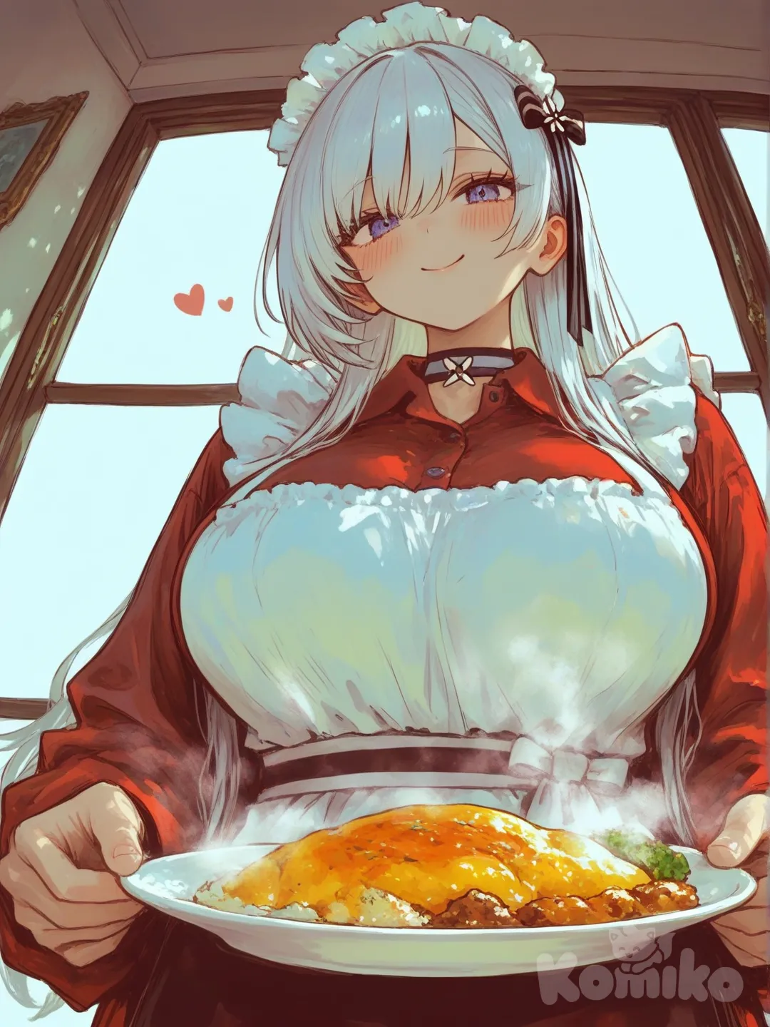 Belfast (Shopping With The Head Maid) (Azur Lane) está en la habitación y usa un delantal está sirviendo el desayuno mientras mira al espectádor , looking at viewer, upper body, ambient light, cinematic lighting, day, [sweet-painting-style], from below, @Shinano_(Azur_Lane)