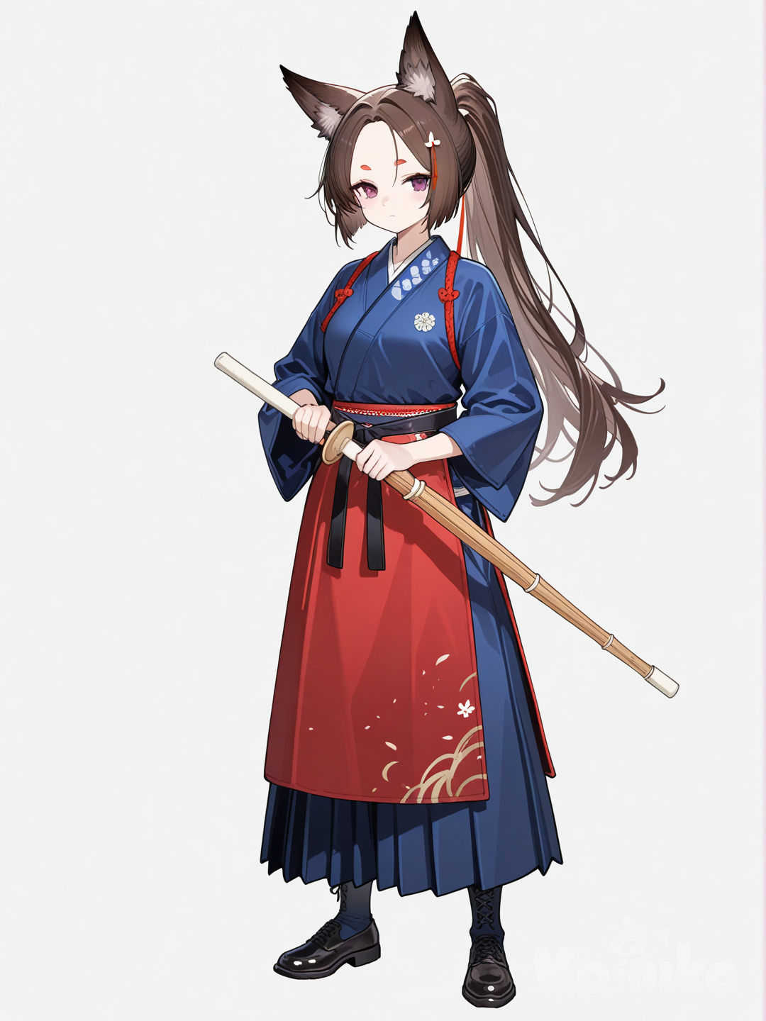 1girl, brown hair, high ponytail, long ponytail, parted bangs, forehead, dark red eyes, thick eyebrows, expressionless, closed mouth, standing, kendo, kendo uniform, holiding a shinai, medium long shot, from front, front shot, white