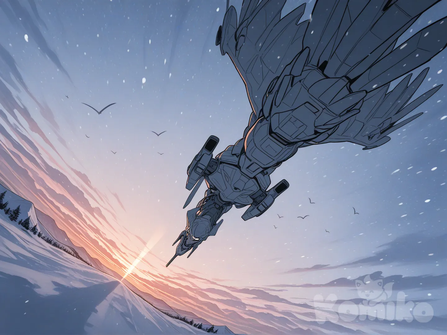 Eva 02, full body, soft shadow, colored pencil (medium), graphite (medium), flat color, pale color, monochrome, high contrast, lineart, bird's-eye view, closeup, from below, depth of from above, twilight, sle, snowy