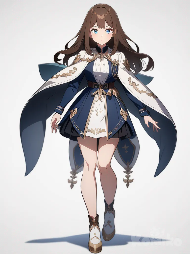 1girl, brown hair, blue eyes, pretty, confident, nice, single character, full body, looking at viewer, anime style, simple background, white background