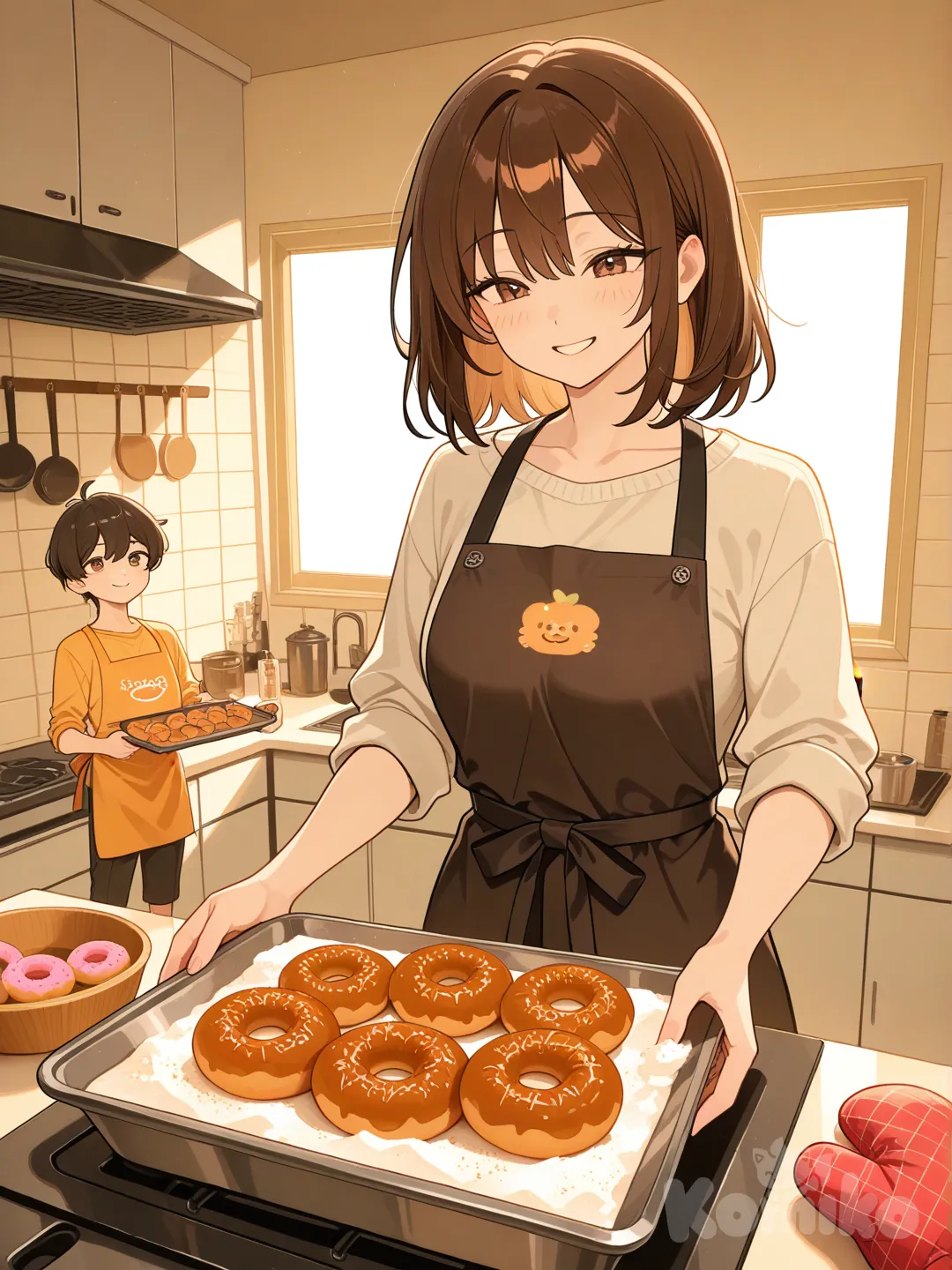 Make a woman bake donuts for her son.