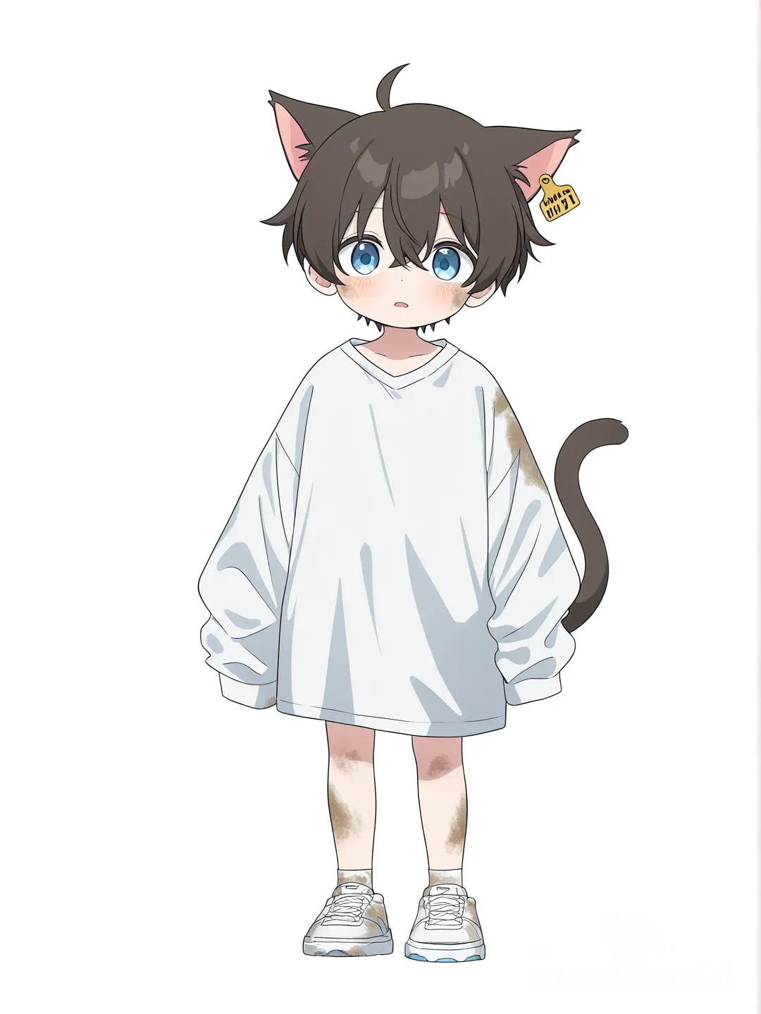 [bright-anime-style] 1boy, child, young, baggy clothes, oversized clothes, cat ears, asymmetrical ears, lopsided ears, dirty, cat tail, dirty cat tail, ear tag, single character, full body, looking at viewer, anime style, simple background, white background