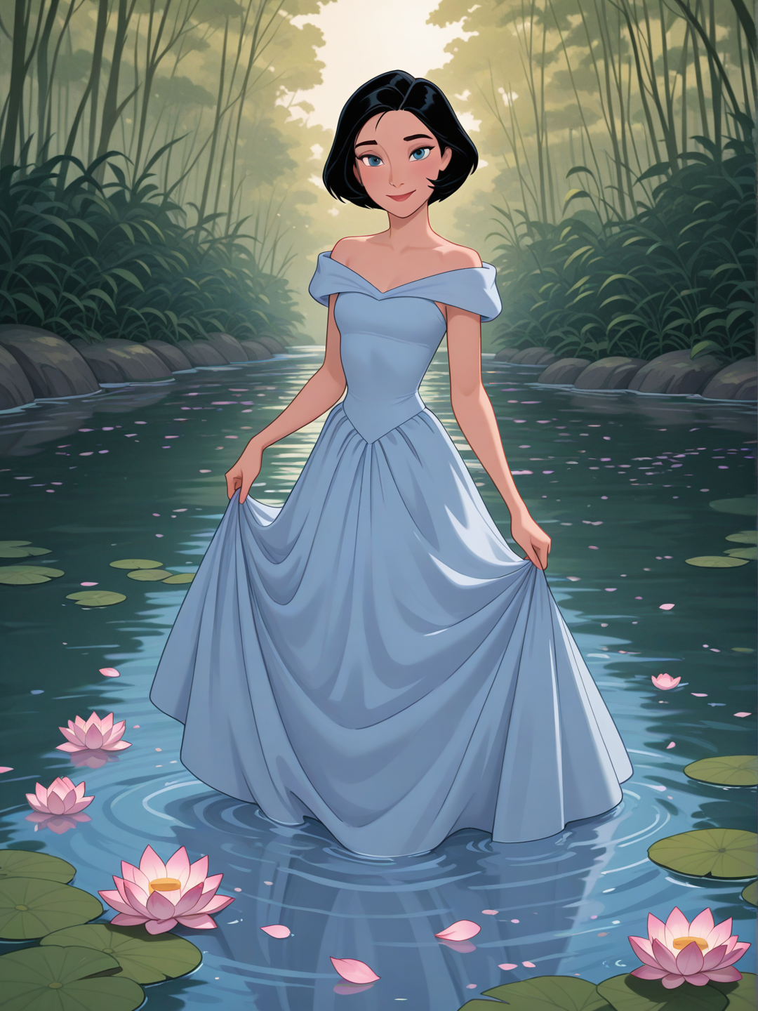[disney-style], 1girl, mature, slim, tall, athletic, bob cut, gray eyes, dimple, fair skin, princess dress, river, lotus