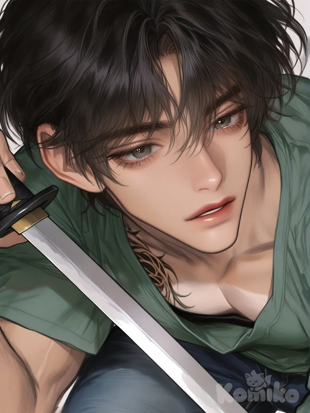 A handsome man with black hair parted in the middle, tan skin, a muscular build, and tattoos, [semi-realistic-portrait-style], holding sword, jeans, olive green