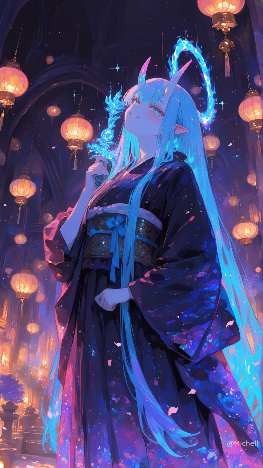 原创角色，成年鬼新娘，快乐无畏的鬼女，自信而狡黠的笑容，鲜艳的霓虹蓝头发，闪亮的霓虹蓝眼睛，弯曲的鬼角上带有发光的蓝色纹路，优雅的黑紫色婚纱和服，不对称的新娘装束，华丽的金色细节，蓝紫色丝带，传统的日式新娘配饰，大胆自信的姿势，一只手叉腰，骄傲地站立，充满挑战的表情，手持仪式用的鬼扇，周围环绕着神奇的蓝色火焰，闪耀的樱花花瓣，月光下的神社，五彩缤纷的灯笼，喜庆的氛围，鬼族婚礼仪式，人类和鬼族观众共同庆祝，神秘的日本村庄，霓虹蓝的魔法光环，戏剧性的月光，鲜艳的奇幻色彩，电影般的动漫美学，高度精细的角色设计，高度精细的背景，欢乐的氛围，叛逆的精神，胜利的心情，适合所有年龄段，原创角色，杰作，最佳品质，超精细，()，超高清8K动漫插画荒诞，评分9分，评分8分以上，评分7分以上，极其精细的细节，丰富的纹理，完美的线条，清晰锐利的线条，戏剧性的电影级光照，强烈的轮廓光，柔和的体积光，微妙的光束，精致的光粒子，柔和的光晕，优雅的氛围，景深，惊艳的构图，2D奇幻动画美学，明亮美丽的奇幻氛围，高质量的插画，精细的光照，可控的柔和阴影，丰富和谐的色彩，清晰的细节，锐利的焦点，干净精致的纹理，精良的渲染，细致的材质渲染，微妙的金属反射，优雅的高光，平衡的对比度，大气深度，精良的电影级效果, [sweet-painting-style]