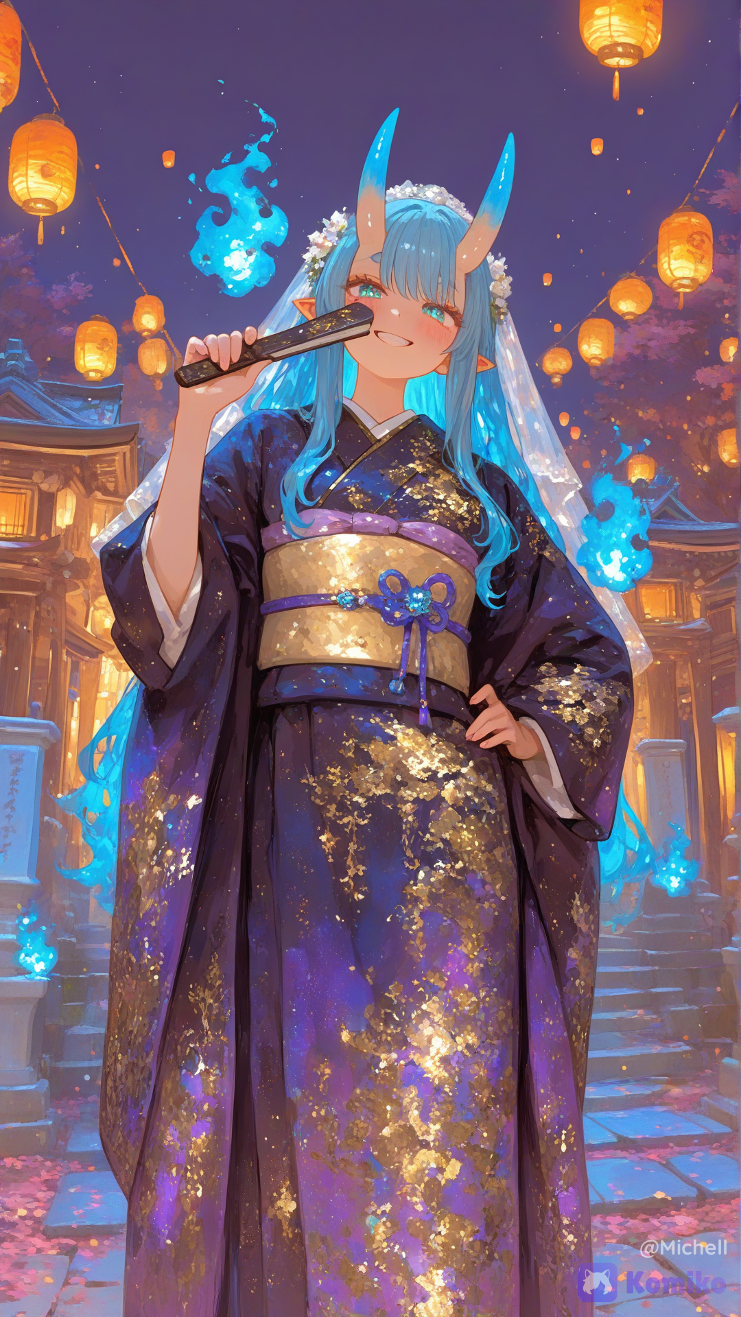 原创角色，成年鬼新娘，快乐无畏的鬼女，自信而狡黠的笑容，鲜艳的霓虹蓝头发，闪亮的霓虹蓝眼睛，弯曲的鬼角上带有发光的蓝色纹路，优雅的黑紫色婚纱和服，不对称的新娘装束，华丽的金色细节，蓝紫色丝带，传统的日式新娘配饰，大胆自信的姿势，一只手叉腰，骄傲地站立，充满挑战的表情，手持仪式用的鬼扇，周围环绕着神奇的蓝色火焰，闪耀的樱花花瓣，月光下的神社，五彩缤纷的灯笼，喜庆的氛围，鬼族婚礼仪式，人类和鬼族观众共同庆祝，神秘的日本村庄，霓虹蓝的魔法光环，戏剧性的月光，鲜艳的奇幻色彩，电影般的动漫美学，高度精细的角色设计，高度精细的背景，欢乐的氛围，叛逆的精神，胜利的心情，适合所有年龄段，原创角色，杰作，最佳品质，超精细，()，超高清8K动漫插画荒诞，评分9分，评分8分以上，评分7分以上，极其精细的细节，丰富的纹理，完美的线条，清晰锐利的线条，戏剧性的电影级光照，强烈的轮廓光，柔和的体积光，微妙的光束，精致的光粒子，柔和的光晕，优雅的氛围，景深，惊艳的构图，2D奇幻动画美学，明亮美丽的奇幻氛围，高质量的插画，精细的光照，可控的柔和阴影，丰富和谐的色彩，清晰的细节，锐利的焦点，干净精致的纹理，精良的渲染，细致的材质渲染，微妙的金属反射，优雅的高光，平衡的对比度，大气深度，精良的电影级效果, [sweet-painting-style]