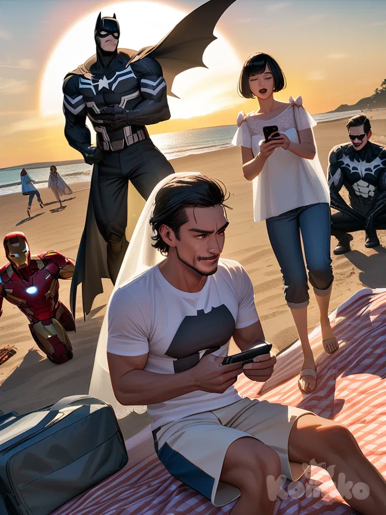 Batman, (2099), Venom (Marvel), Captain America, Iron Man, holding gun, looking at phone, picnic, t-shirt, jeans, wide-leg pants, beach shorts, capri pants, double s, bob cut, slicked-back hair, sun hat, wedding veil, bow tie, angle wings, rainbow, raincoat, suit