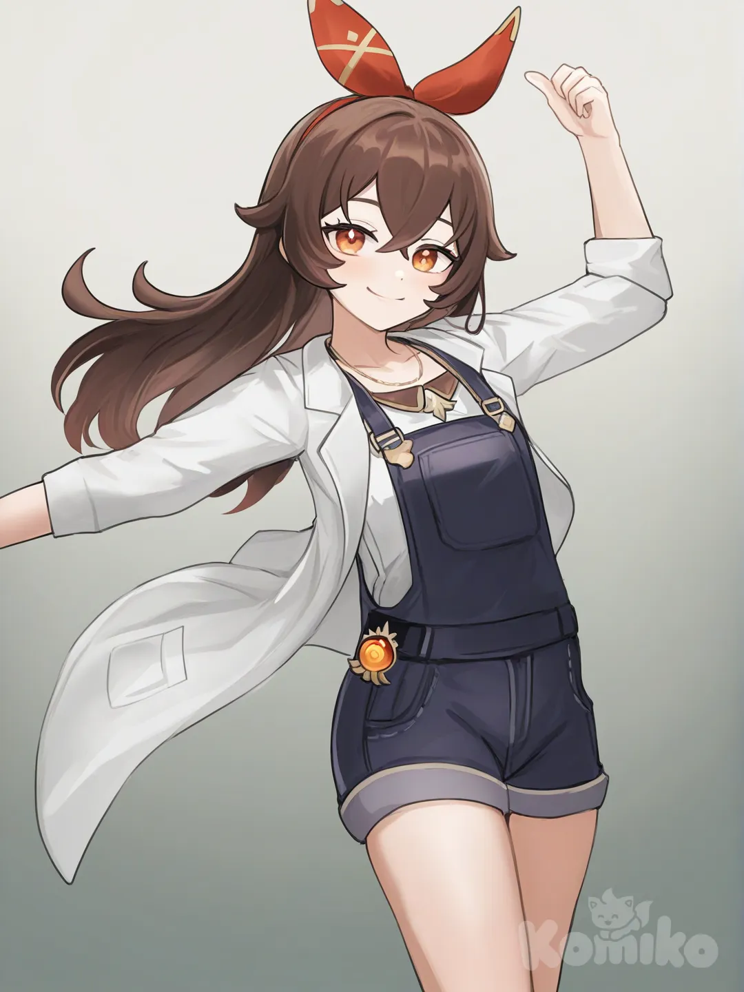 @Amber_(Genshin_Impact), [soft-furry-style], dancing, lab coat, overalls, necklace