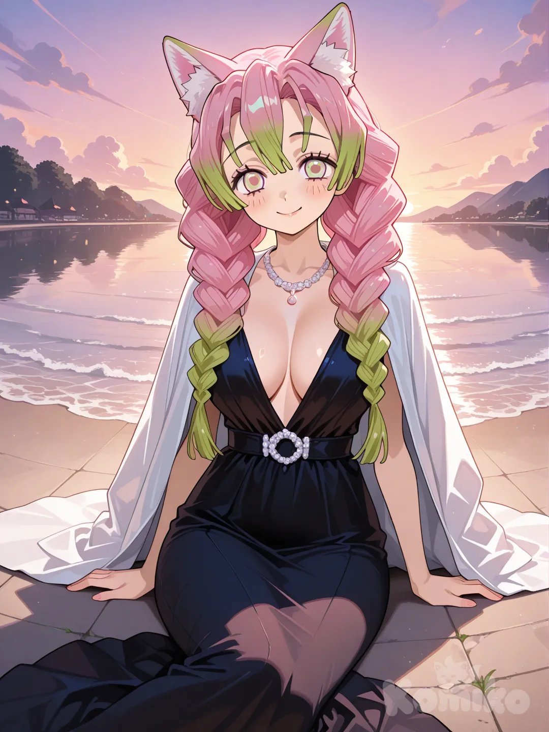 @Kanroji_Mitsuri, sitting on the ground, evening dress, fox ears, necklace