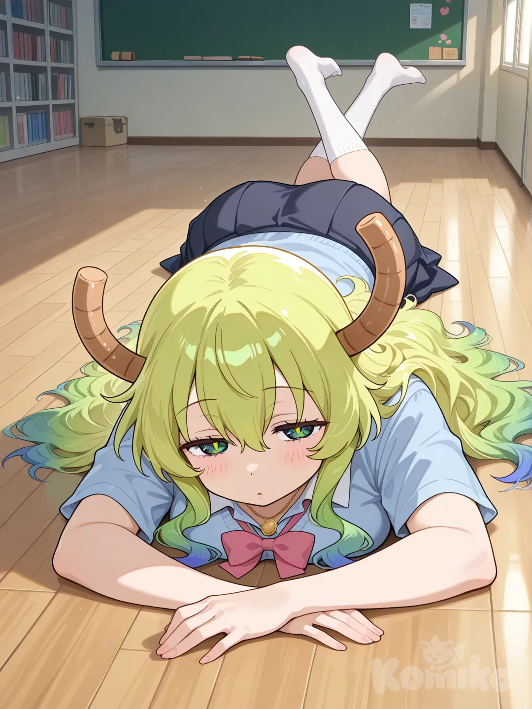 @Lucoa_(Maidragon), lie on stomache, school uniform, necklace, fox ears, full body