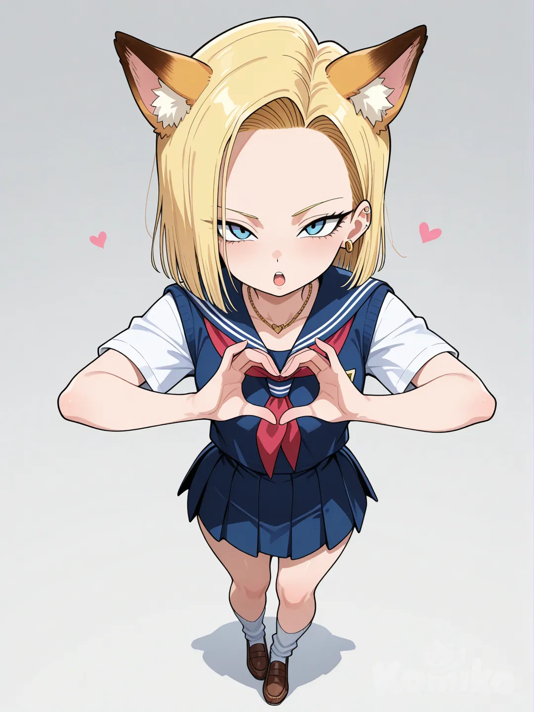 @Android_18, heart hands, open mouth, school uniform, necklace, fox ears, full body